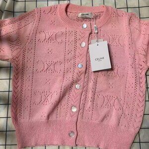 New with Tags! CELINE Paris Pink Knit Short - Sleeve Cardigan • Eyelet Pattern